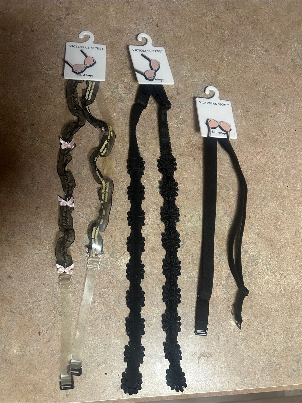 Victoria's Secret Black and Sheer Pink Decorative Bra Straps - Set of 4